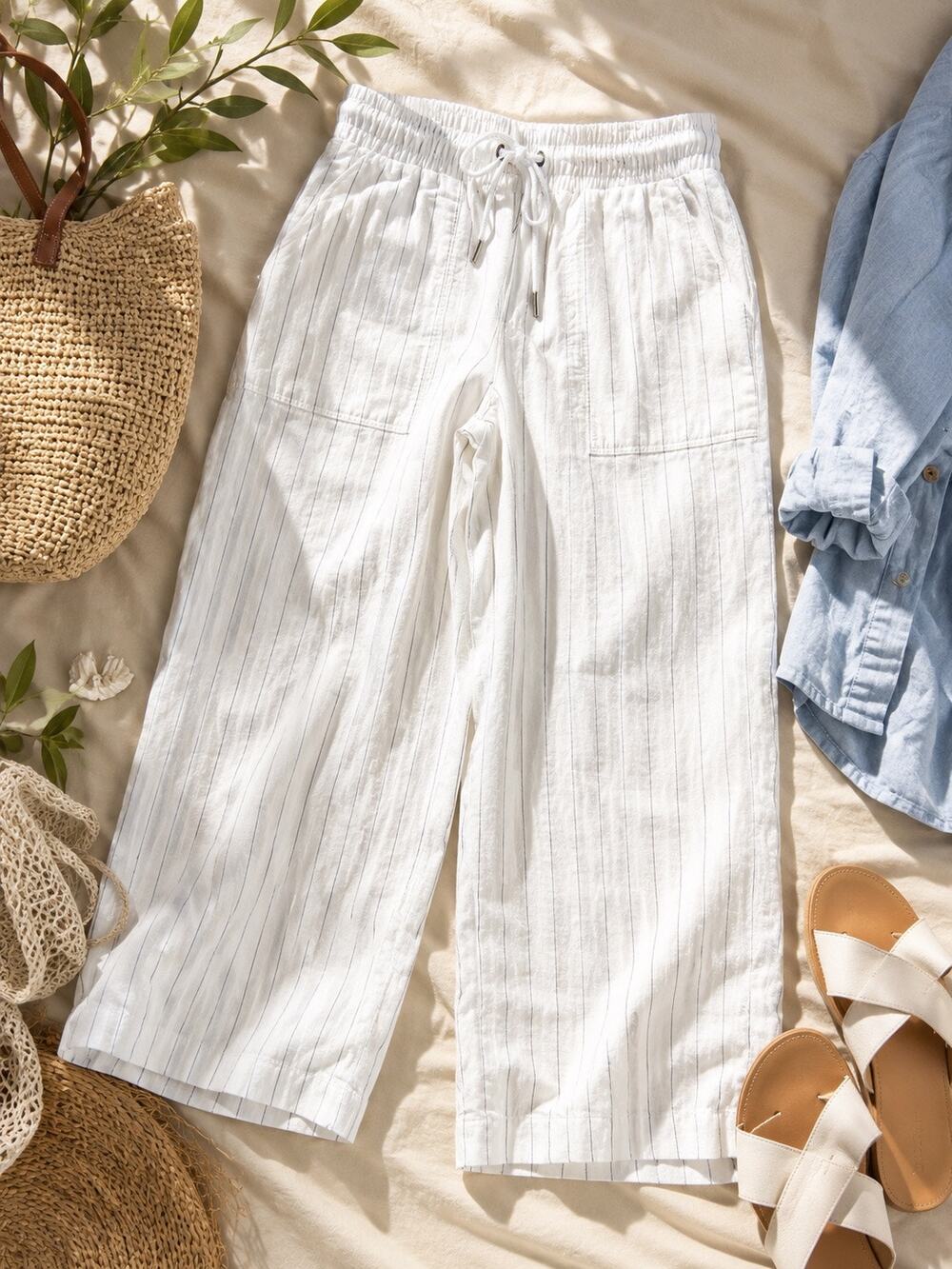 Athleta Linen Crop Pants Women’s Size 8 White Gray Pinstripe Drawstring Wide Leg